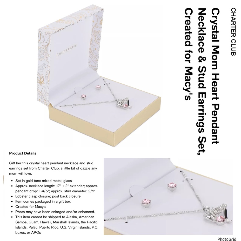 Charter Club crystal mom heart pendant necklace and earrings NEW